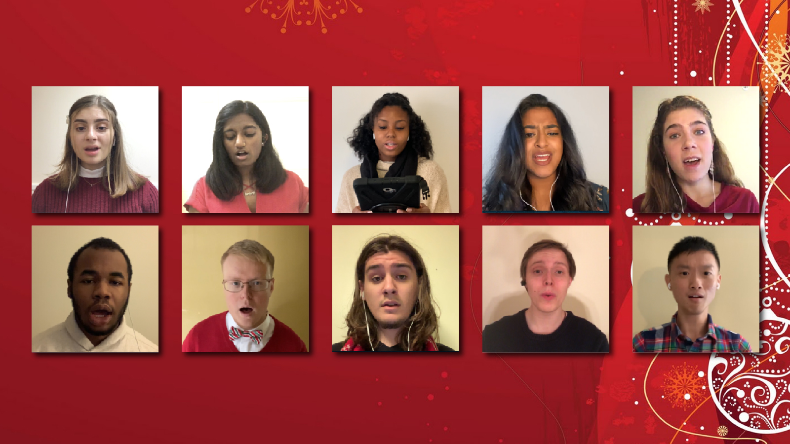  10 virtual singers in tiles on a red background.