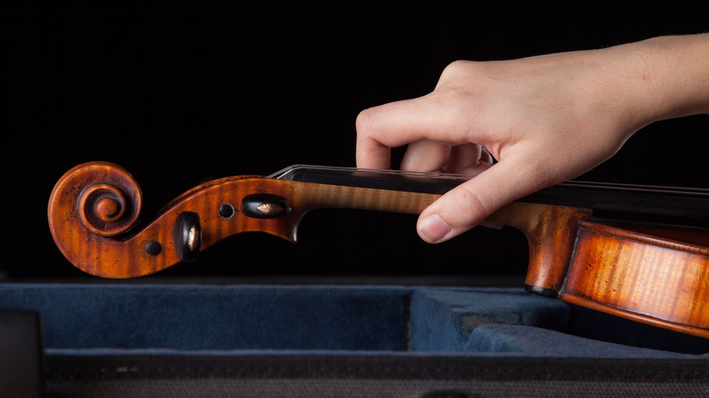 A hand rests on a violin neck.
