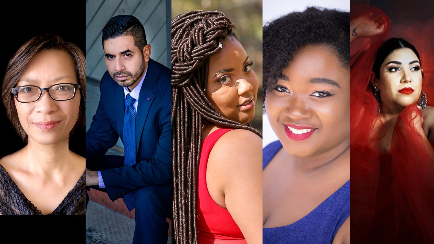 A collage of headshots of five male and female performers.