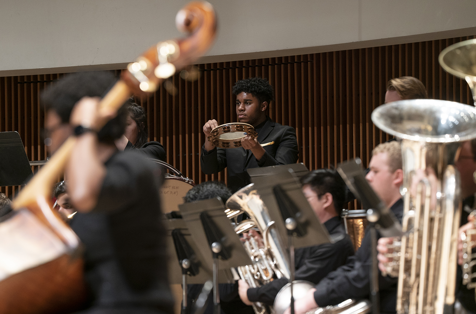 Memebers of the UMD Wind Ensemble play instruments during a concert.