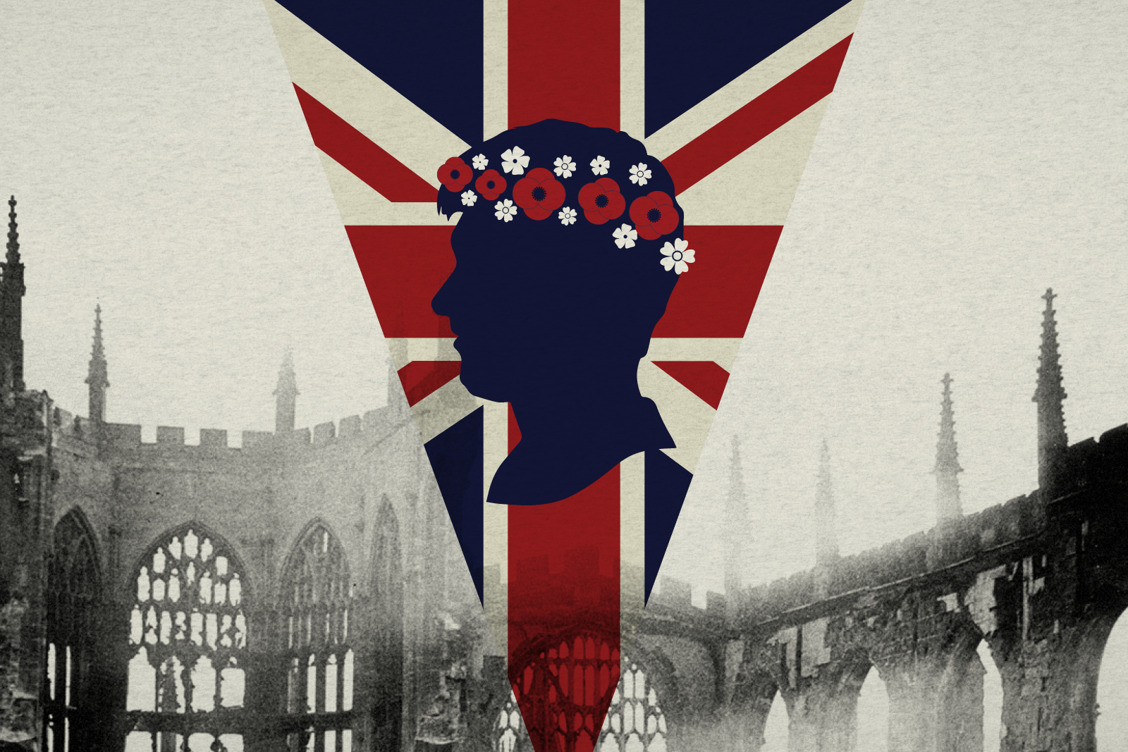 An old castle rampart, a British flag, and a cut out silhouette of a man's head.