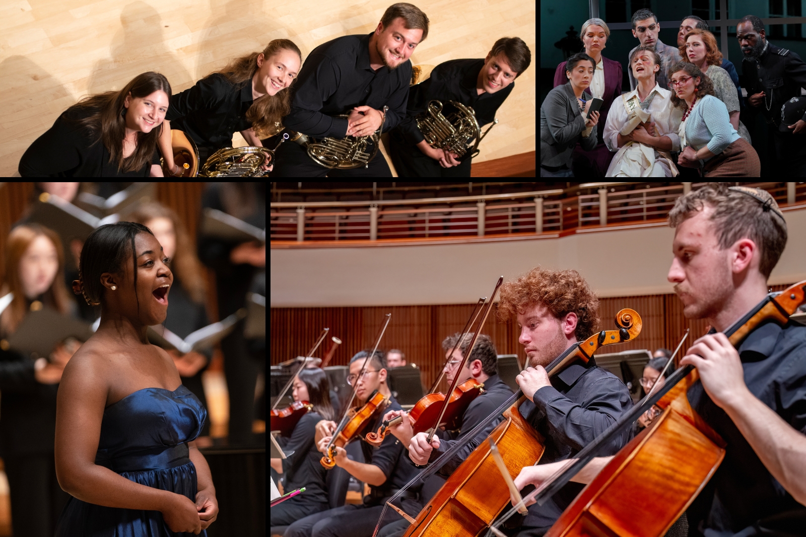 a series of images that depict musicians from around the school of music, including a singer on stage, a group of cellists, french horn players, and opera performers on stage