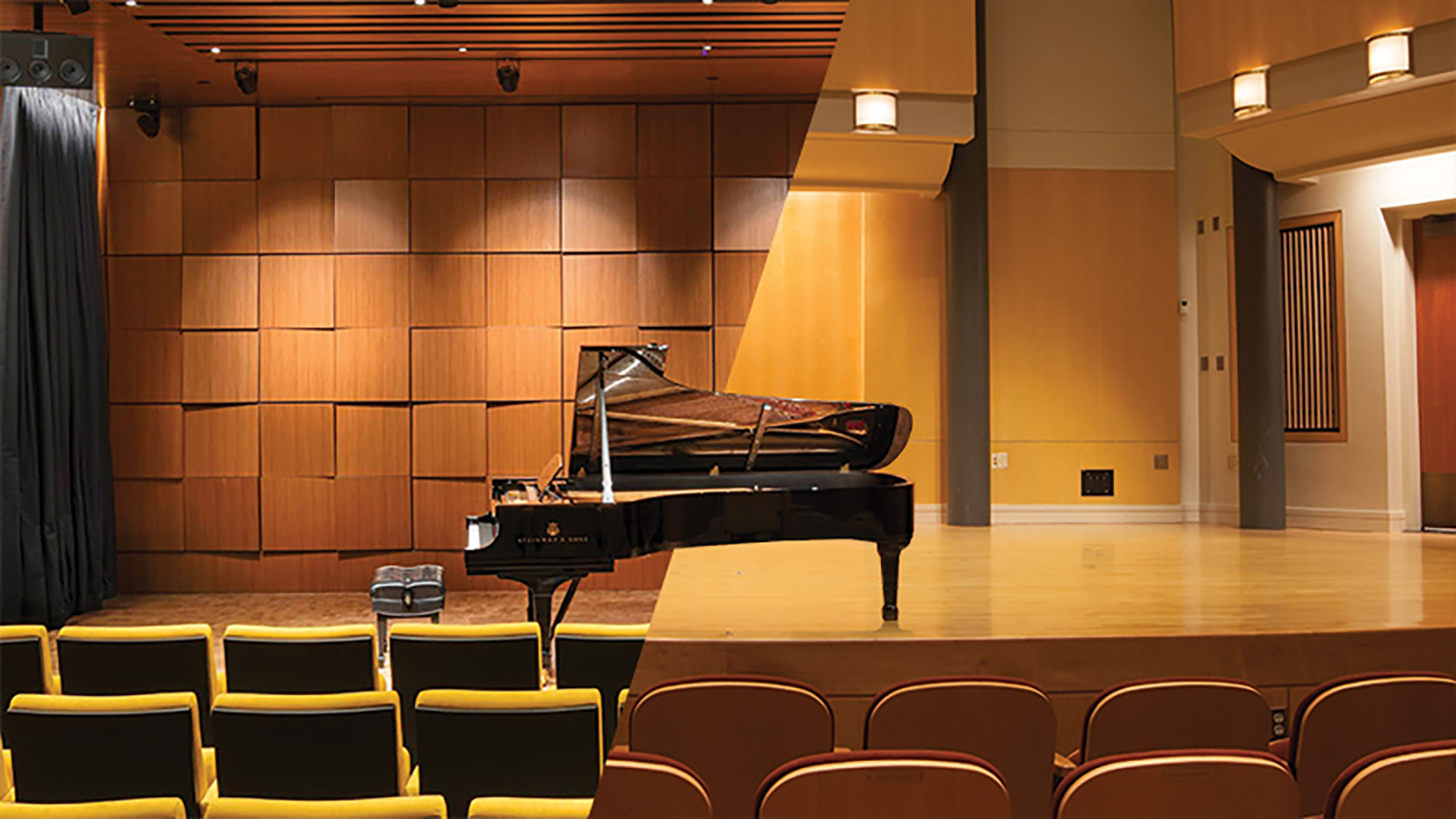 A grand piano on stage.