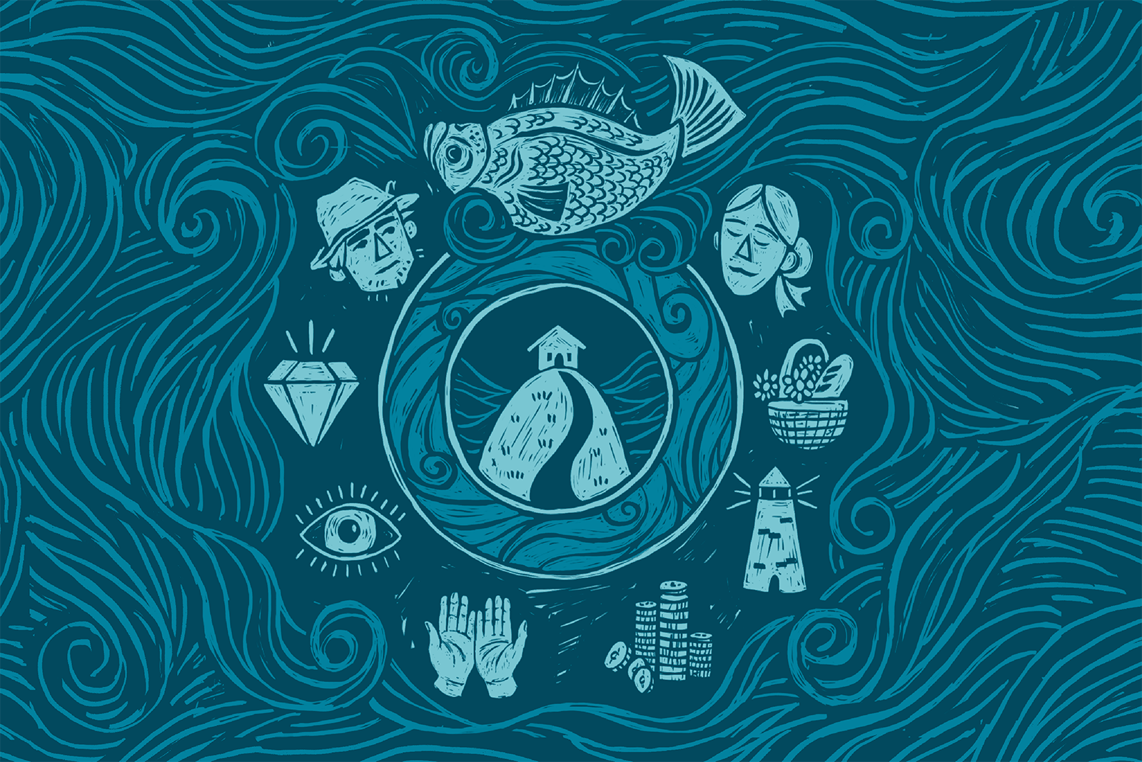 An artistic design depicting a house with a road in the center. Surrounding it are icons that represent archetypes in the story, including the fisherman, fishwife, fish and others. 